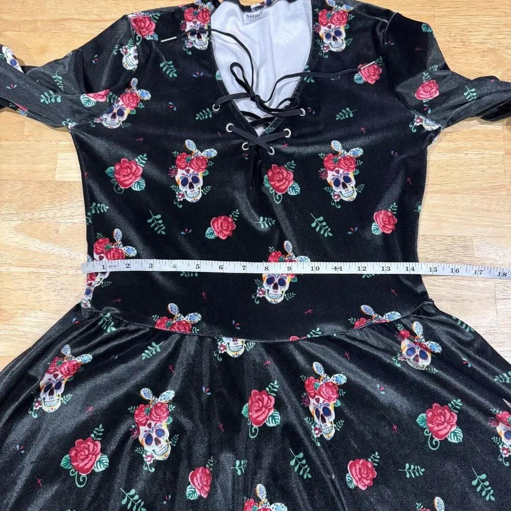 Gothic Black Velvet Sugar Skull Floral Lace Trim Dress Costume Goth Grunge Small - Picture 10 of 13